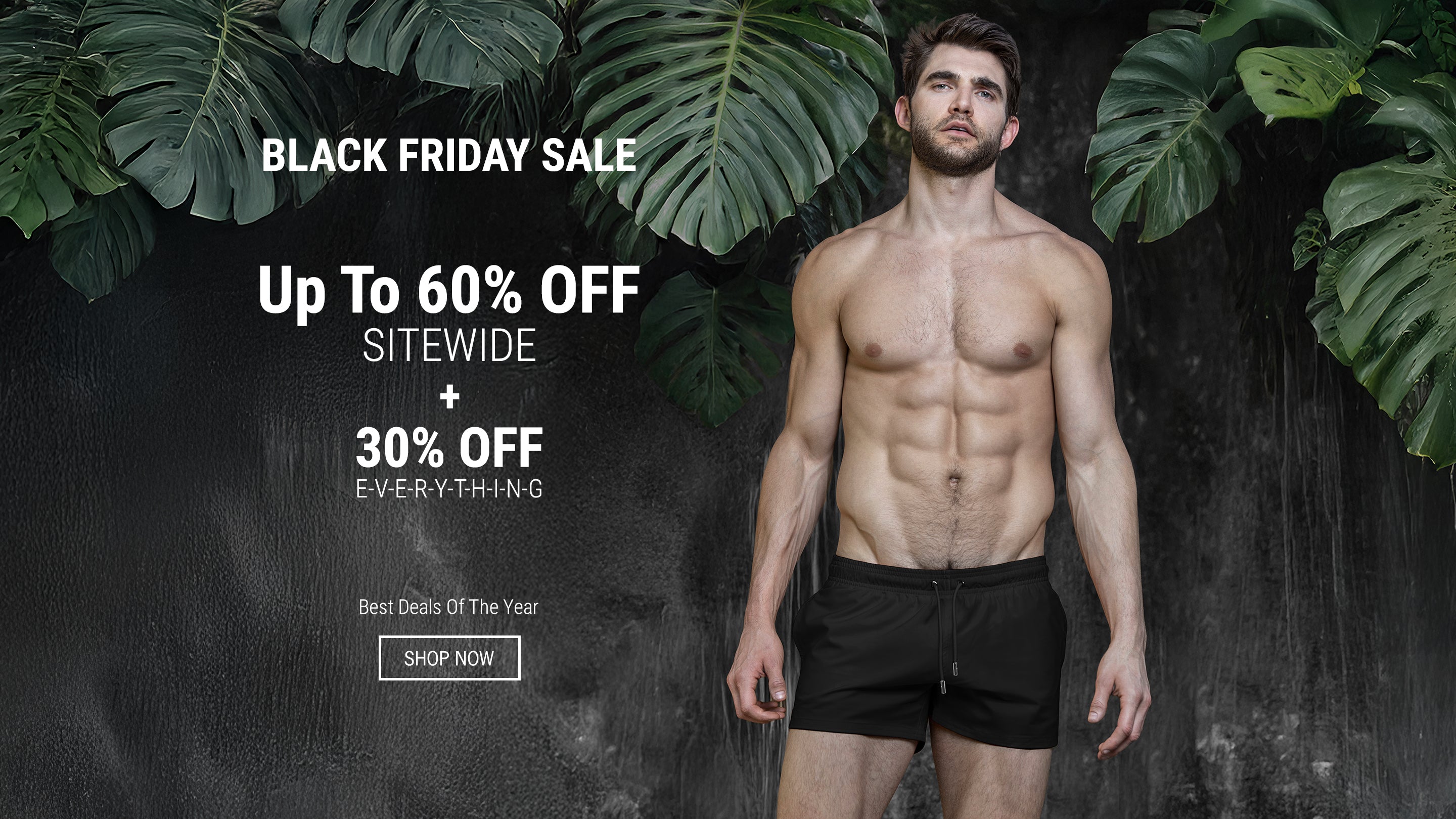 DC2 Black Friday Sale banner featuring a model wearing the Jet Black Poolside Shorts up to 50% off storewide and 30% off everything.