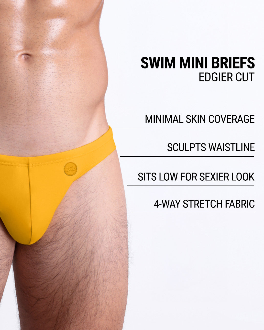 Product details graphic of Amber Sand Swim Mini Briefs — showcasing low-rise fit, stretch fabric, sculpting cut.