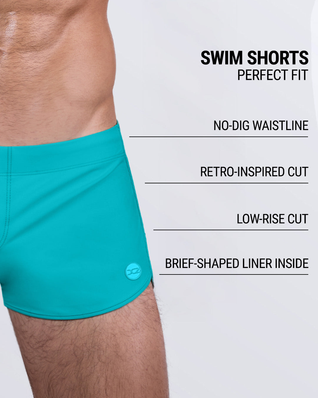 DC2 Aqua Lite Swim Shorts — side view showing “Perfect Fit” features: no-dig waistband, brief-shaped liner, and retro athletic silhouette.