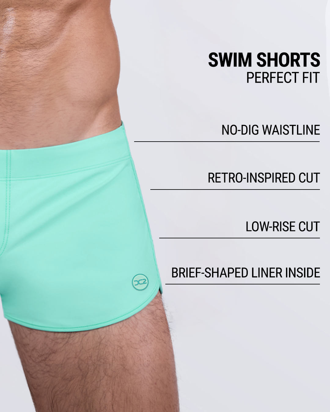Close-up of AQUA LITE men’s swim shorts highlighting key design details: no-dig waistband for maximum comfort, retro square-cut shape, low-rise fit, and interior brief-shaped lining. Engineered for all-day wear, perfect tan lines, and effortless movement.