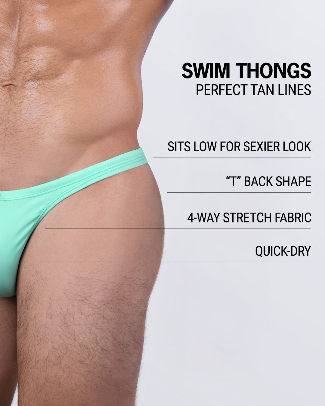 Infographic highlighting key features of the AQUA LITE men’s swim thong: low-rise fit, “T” back shape, 4-way stretch fabric, and quick-dry functionality for an effortlessly sexy and athletic look.