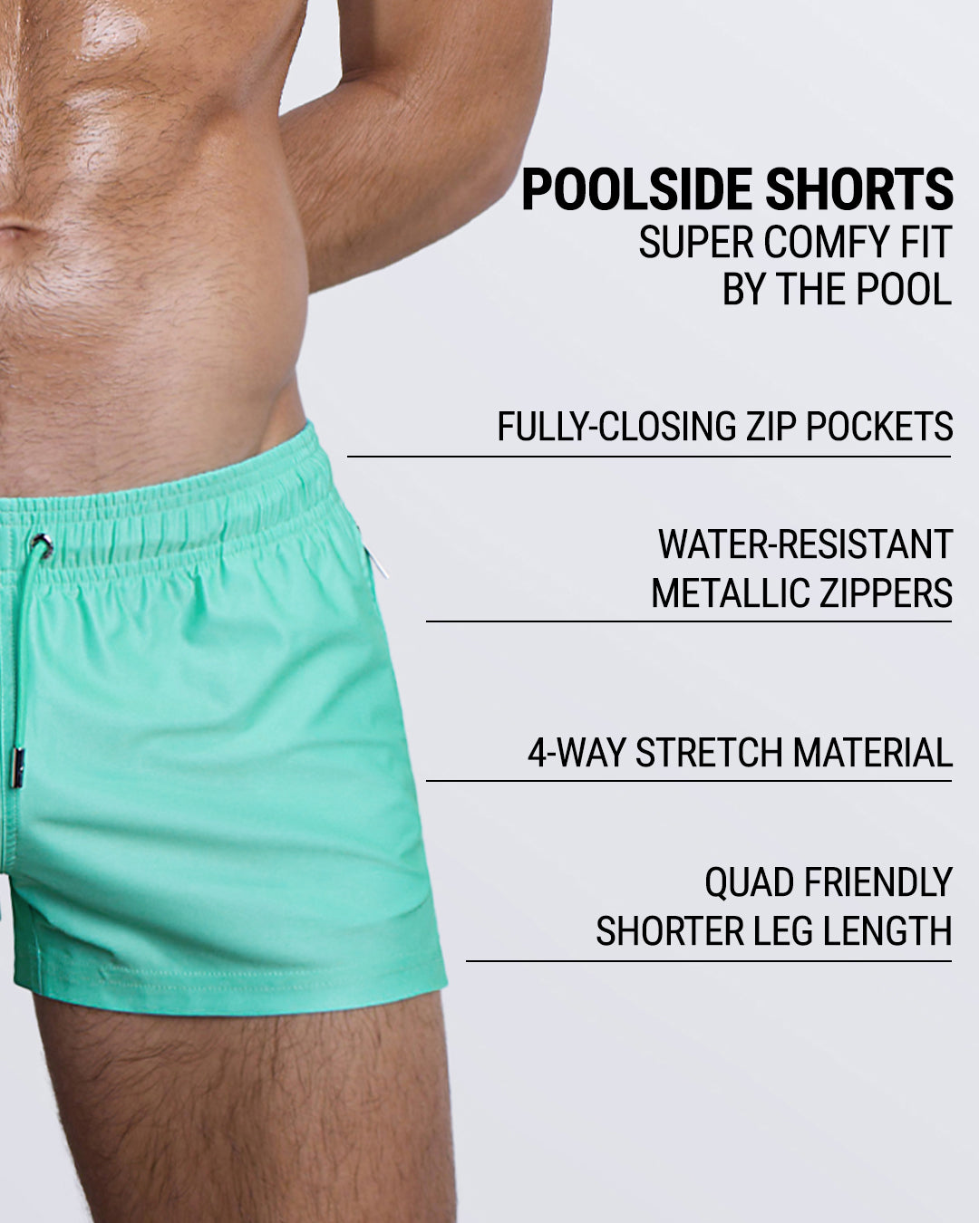 Aqua Lite DC2 Poolside Shorts—highlighting zip pockets, water-resistant zippers, and shorter athletic leg fit.
