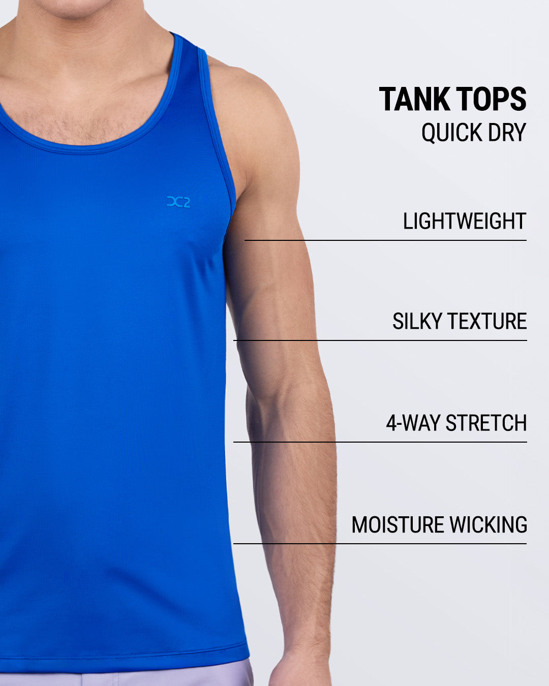Close-up of ASTRAL BLUE men’s gym tank top by DC2 highlighting breathable moisture-wicking fabric, quick-dry tech, lightweight design, and 4-way stretch mobility.