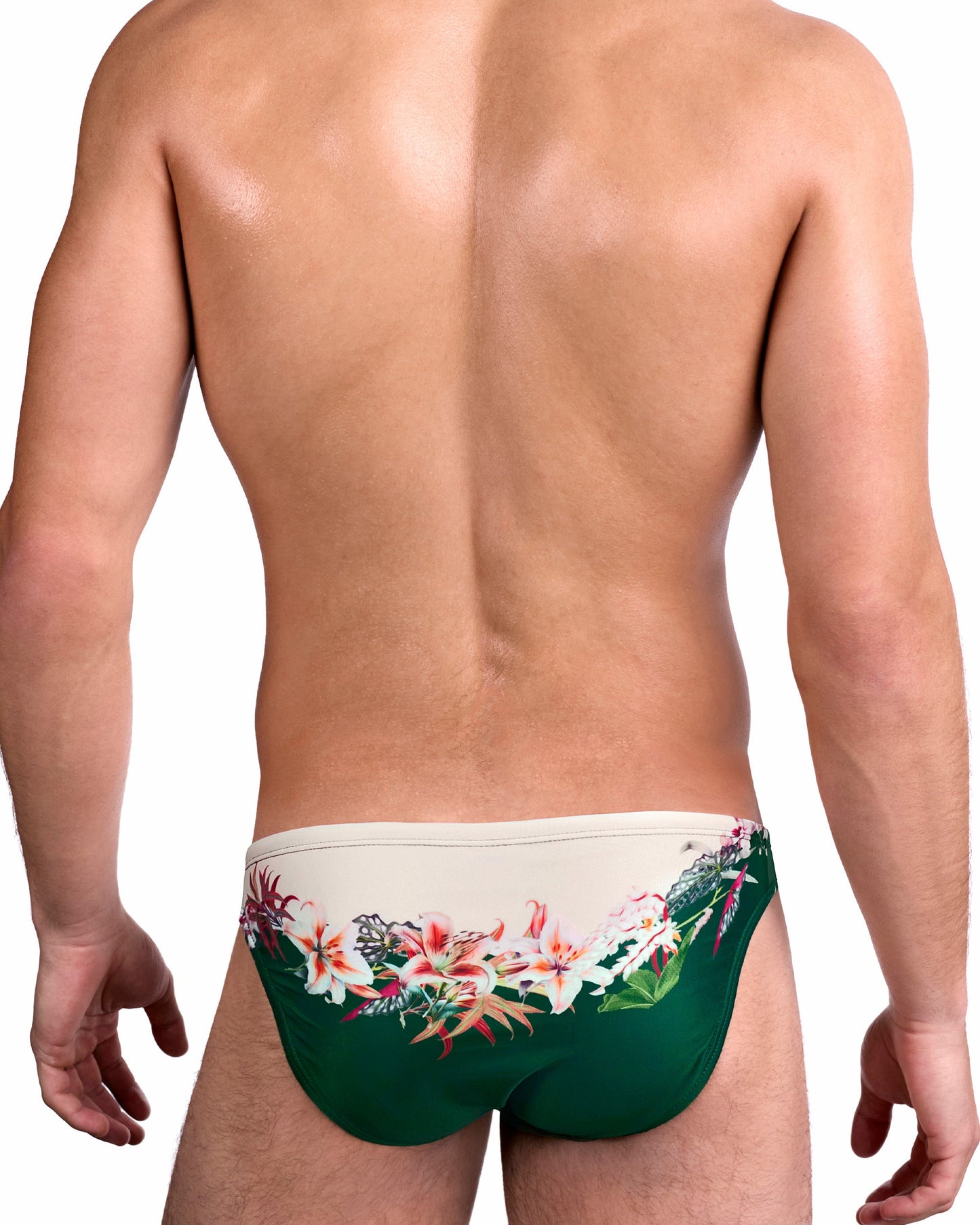 DC2 Bloom Service Swim Mini Brief — back view showing full green coverage with cream floral band and contoured mini brief fit.