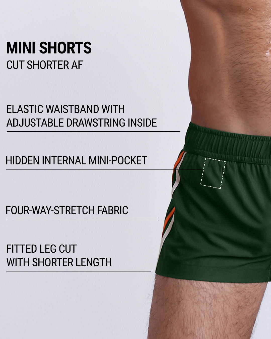 Infographic explaining the many features of the BRAVE GREEN Mini Shorts. These MINI SHORTS have elastic waistband with adjustable drawstring inside, hidden internal mini-pocket, 4-way stretch fabric, and are quad friendly with shorter leg length.