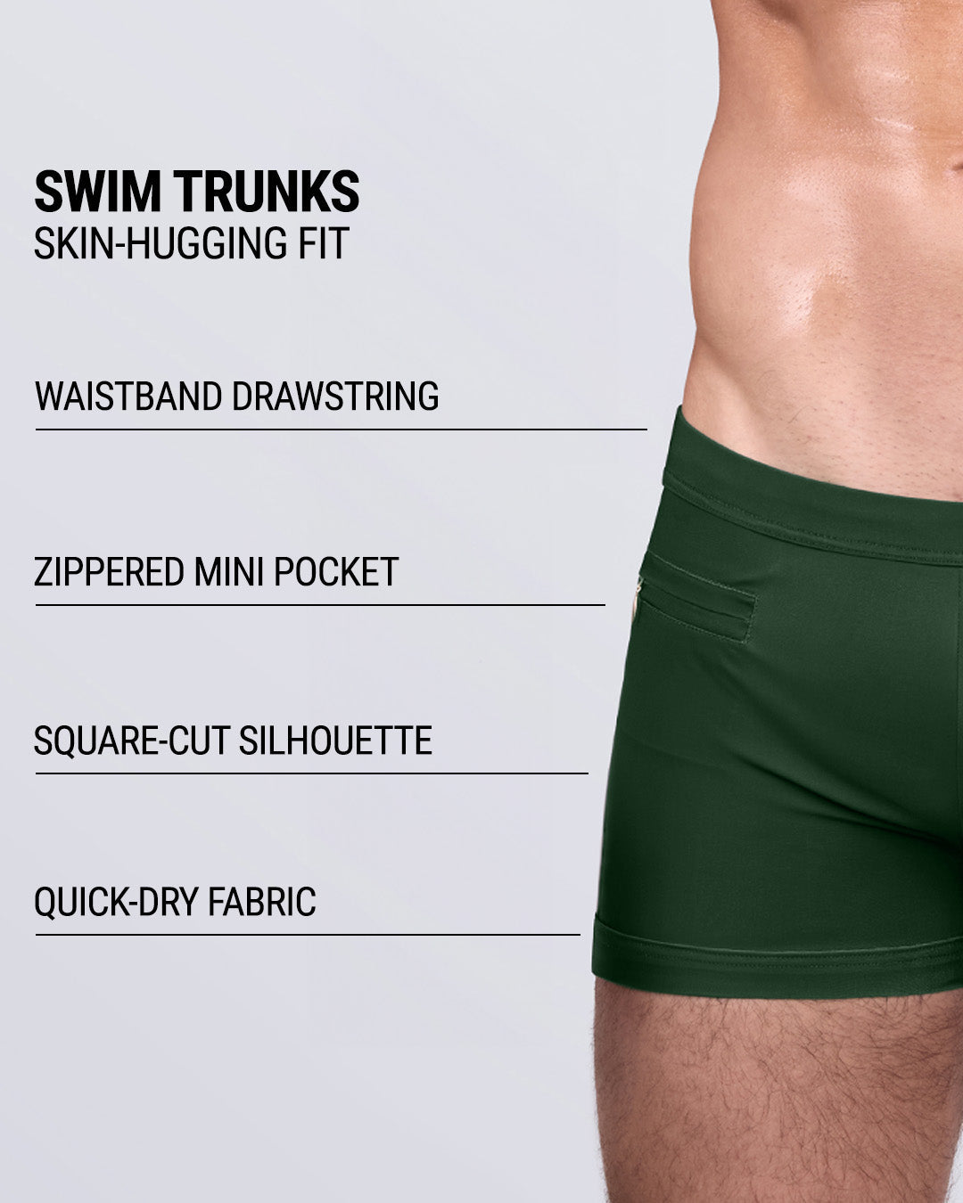 Product details graphic of BRAVE GREEN Swim Trunks — showcasing waistband drawstring, zippered pocket, and quick-dry fabric.