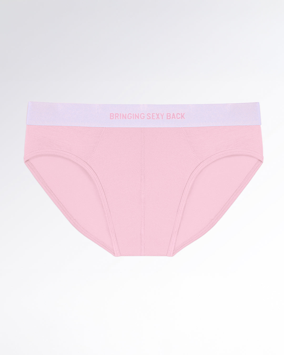 BRINGING SEXY BACK Modal Briefs — flatlay of soft pink men’s modal briefs featuring a smooth contoured pouch and pastel waistband with tonal logo detailing.