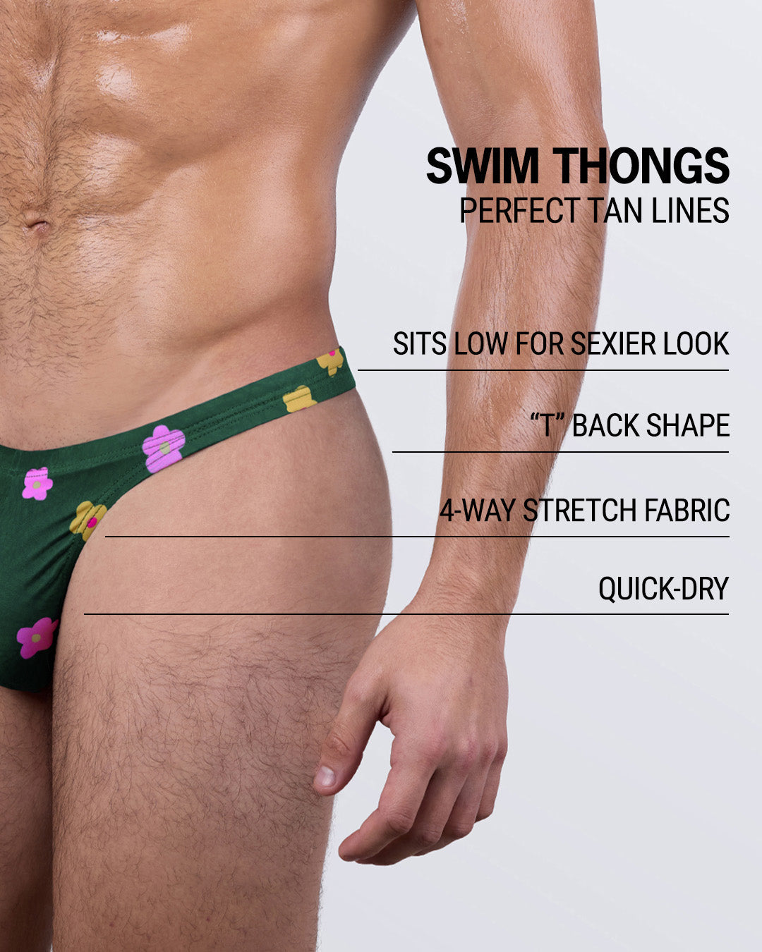 Men’s swim thong infographic – features include quick-dry fabric, 4-way stretch, minimal tan line cut, and low-rise swimwear design.