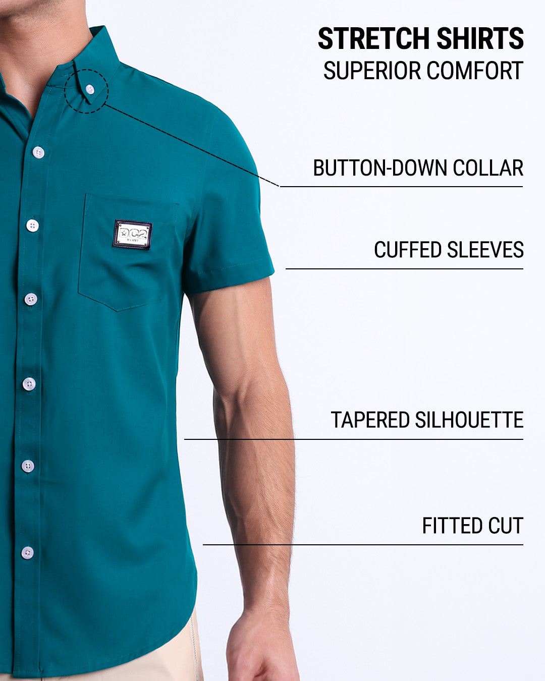 Infographic displaying the contemporary fit of DC2 men's sleeveless Hawaiian Stretch Shirt. This button up shirt features a button-down collar, cuffed sleeves, tapered silhouette, and a fitted cut.