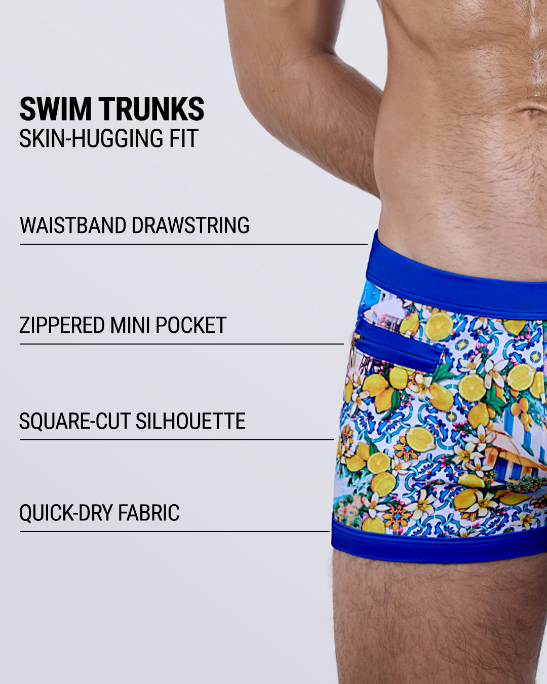 CITRICS CHOICE men’s swim trunks infographic showing features: skin-hugging fit, waistband drawstring, zippered mini pocket, quick-dry fabric, and square-cut silhouette in a sun-soaked citrus print.