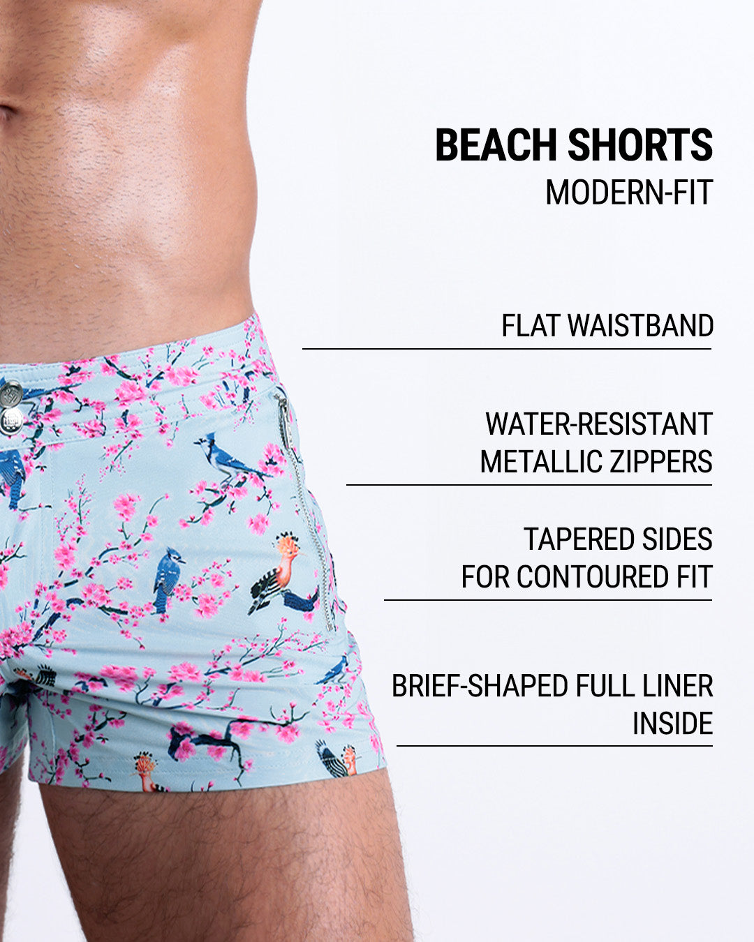 Infographic displaying the contemporary fit of DC2 Beach Shorts. These shorts feature a flat waistband, water-resistant metallic zippers, tapered sides for contoured fit, and a brief-shaped full liner inside.