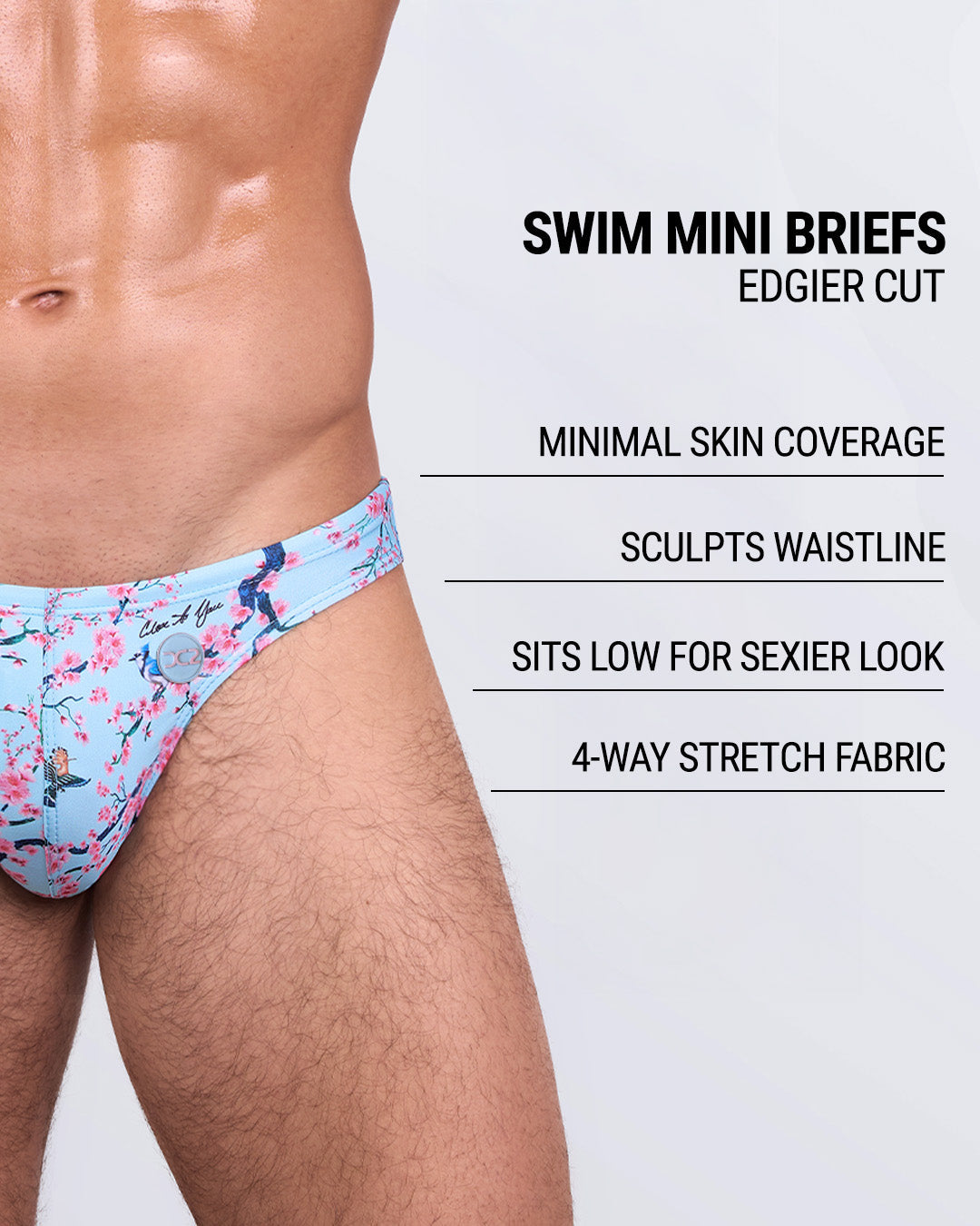 Infographic explaining the edgier cut of the Swim Mini Briefs. Features sculpt waistline, 4-way stretch fabric, sits low for sexier look, and has quick-dry material.