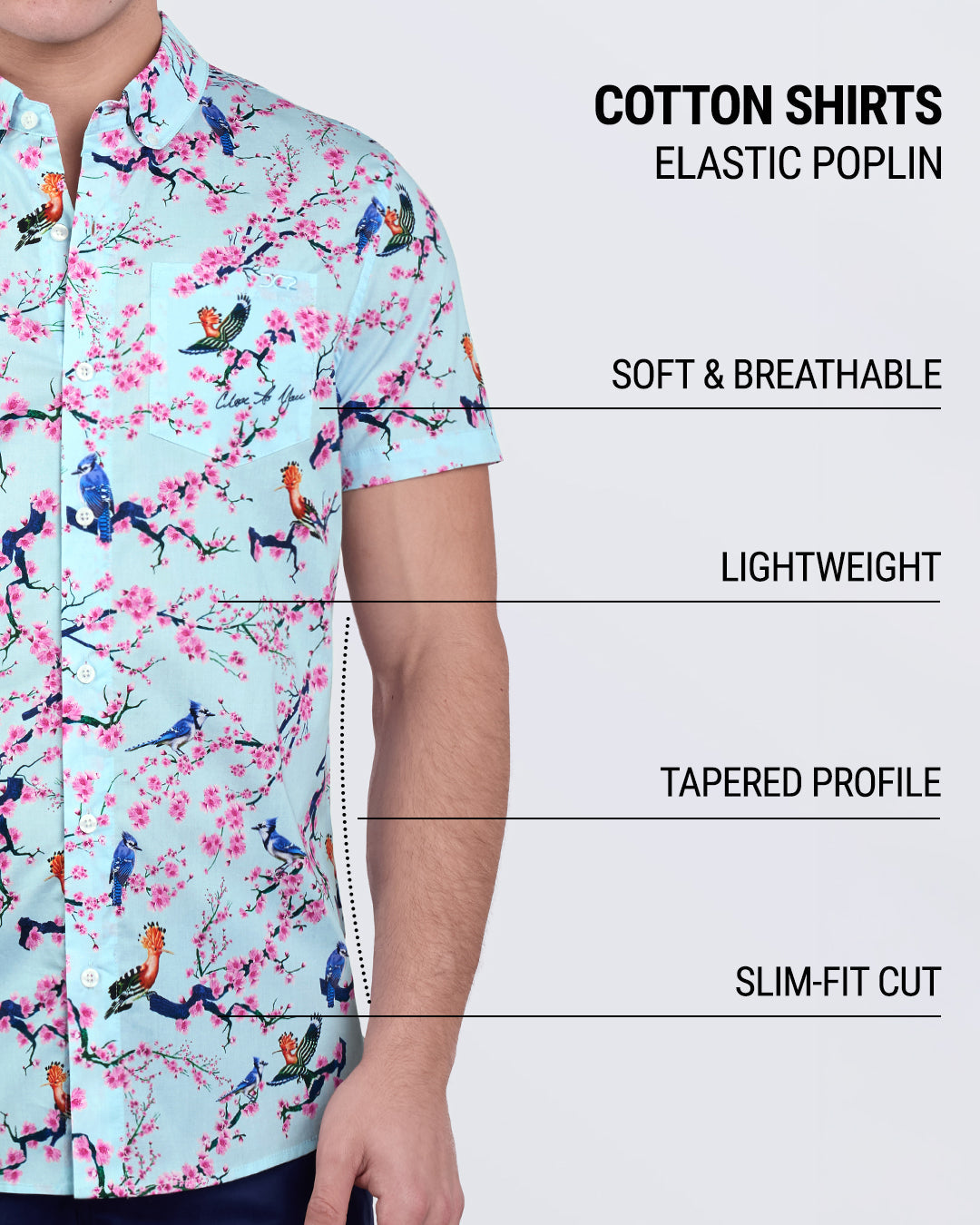 DC2 Close to You cotton shirt – soft, breathable, lightweight poplin with a slim-fit and detailed bird print.