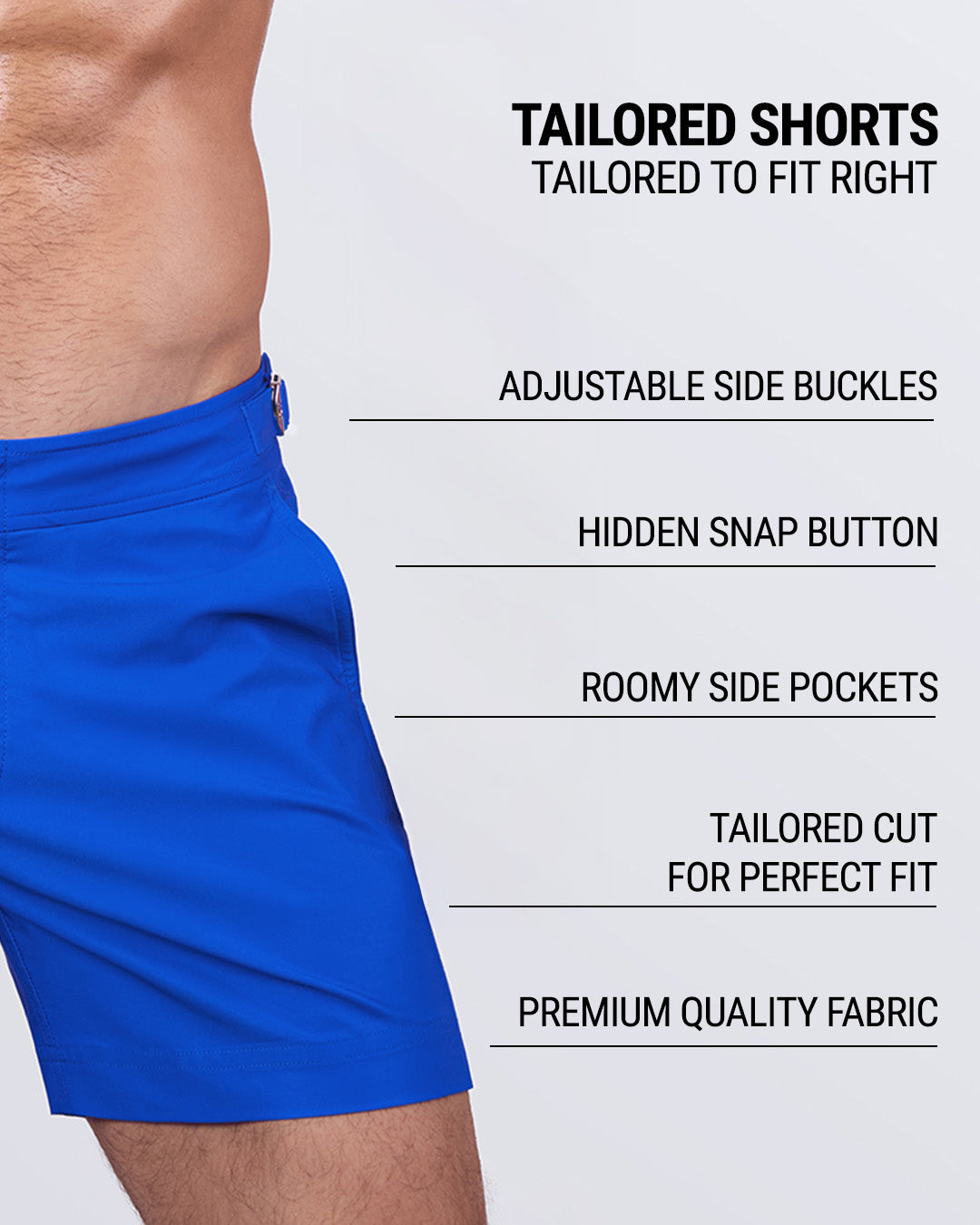 Close-up of Club Blue tailored shorts for men, emphasizing adjustable side buckles, hidden snap button, and premium quality fabric for the perfect blend of fashion and function.