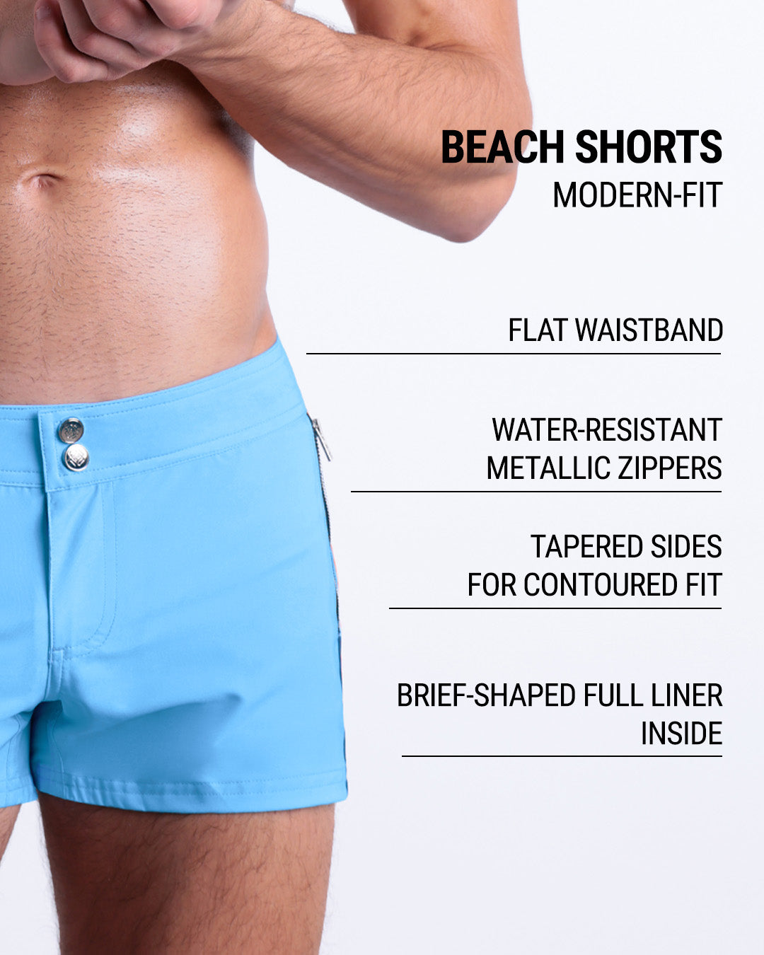 Infographic displaying the contemporary fit of DC2 Beach Shorts. These shorts feature a flat waistband, water-resistant metallic zippers, tapered sides for contoured fit, and a brief-shaped full liner inside.