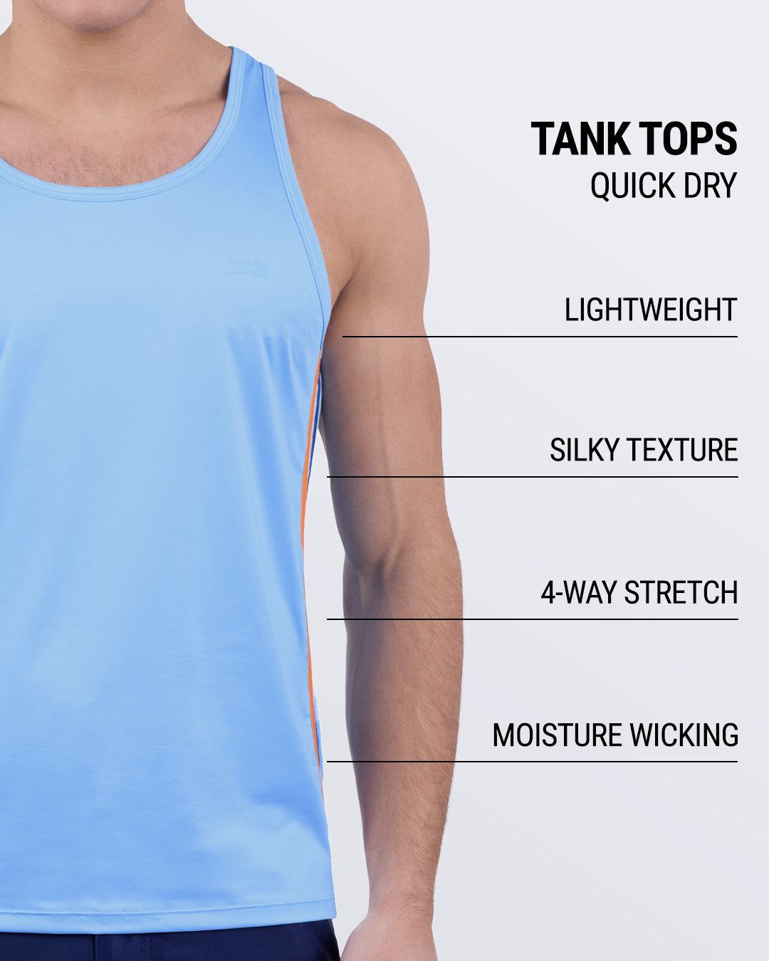An infographic explaining the features of the lightweight, silky texture, 4-way stretch, and moisture-wicking material of the DC2 fitness tank top.
