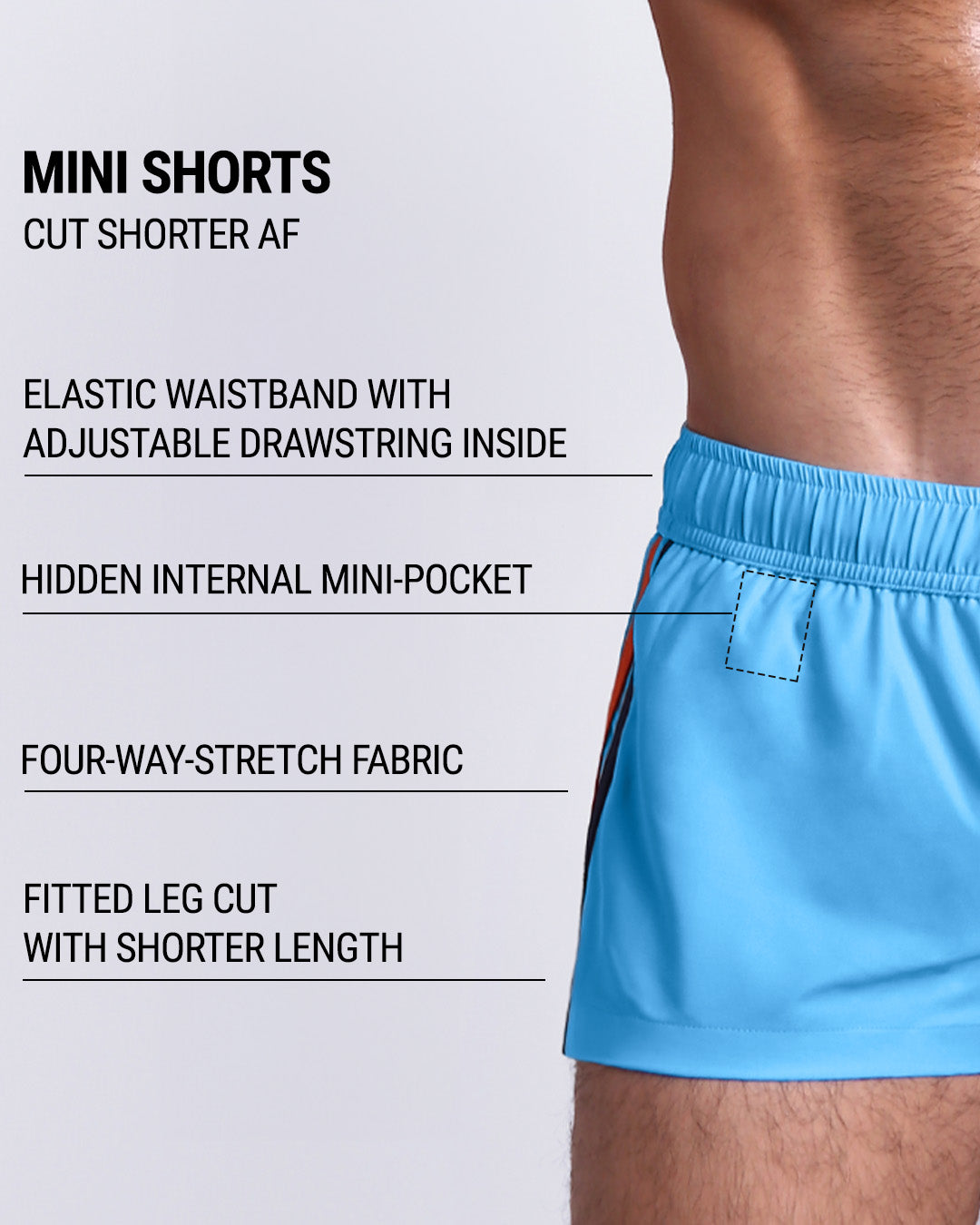 Infographic explaining the many features of the COASTAL BLUE Mini Shorts. These MINI SHORTS have elastic waistband with adjustable drawstring inside, hidden internal mini-pocket, 4-way stretch fabric, and are quad friendly with shorter leg length.