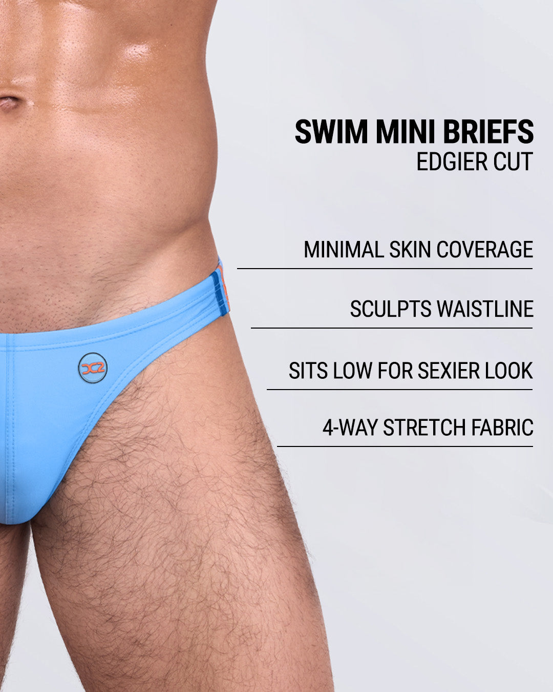 Infographic explaining the edgier cut of the Swim Mini Briefs. Features sculpt waitline, 4-way stretch fabric, sits low for sexier look, and has quick-dry material.