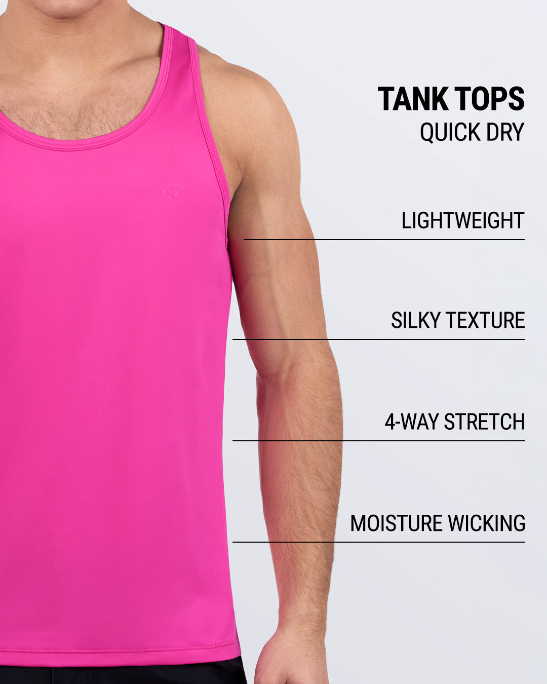 DC2 HOT SHOT MAGENTA tank top with features: moisture-wicking, 4-way stretch, silky texture, lightweight and quick-dry design for men’s fitness and activewear.