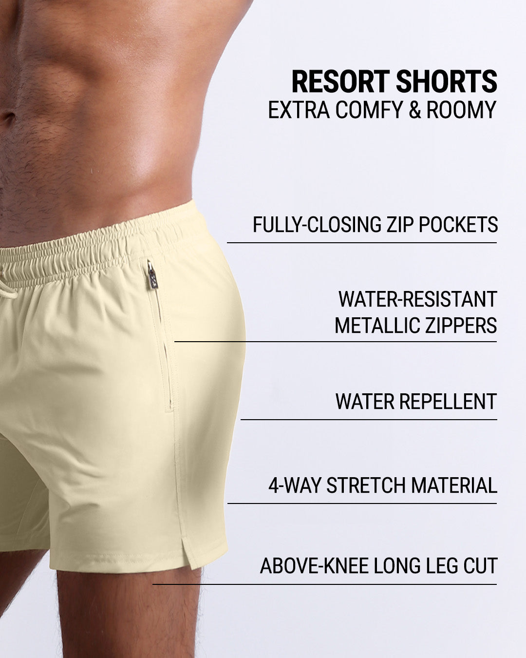 Infographic explaining how extra comfy and roomy Resort Shorts. They have drawstring fastening, premium quality fabric, water repellent, 4-way stretch material features of the resort shorts.