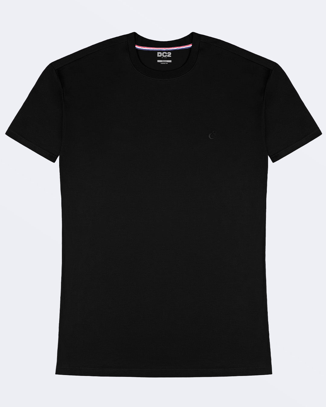 Frontal view of a male model wearing a black modal cotton t-shirt, crafted for stylish casual wear and beachwear by DC2 Miami. Premium quality men's streetwear t-shirt, perfect fit for summer fashion.