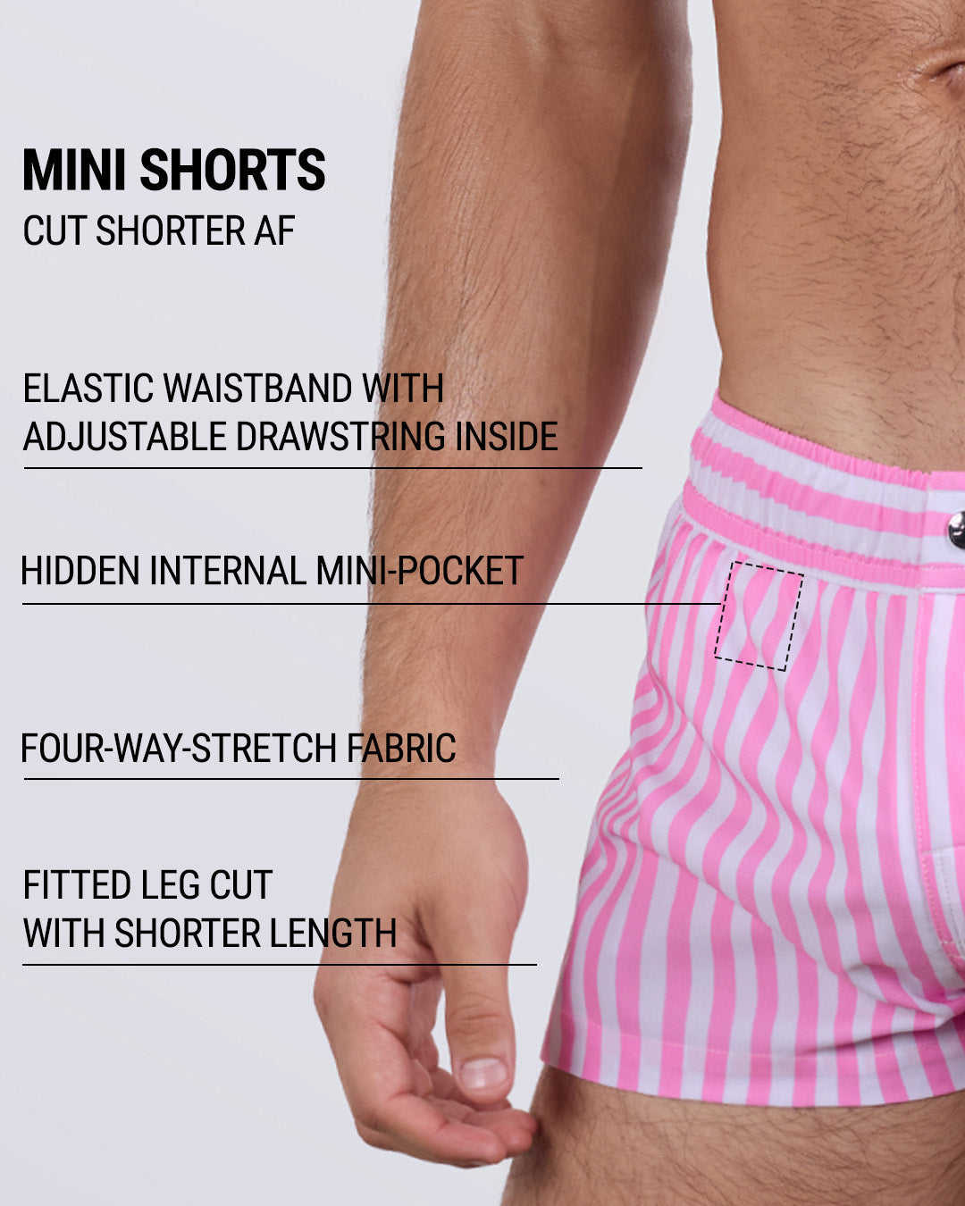 Detailed close-up of the FAST LINES (CHILL PINK) Mini Shorts by DC2 Miami, highlighting key features: ultra-short fitted design, elastic waistband with an internal adjustable drawstring, hidden internal mini-pocket, four-way stretch fabric, and a sleek, contoured leg cut.