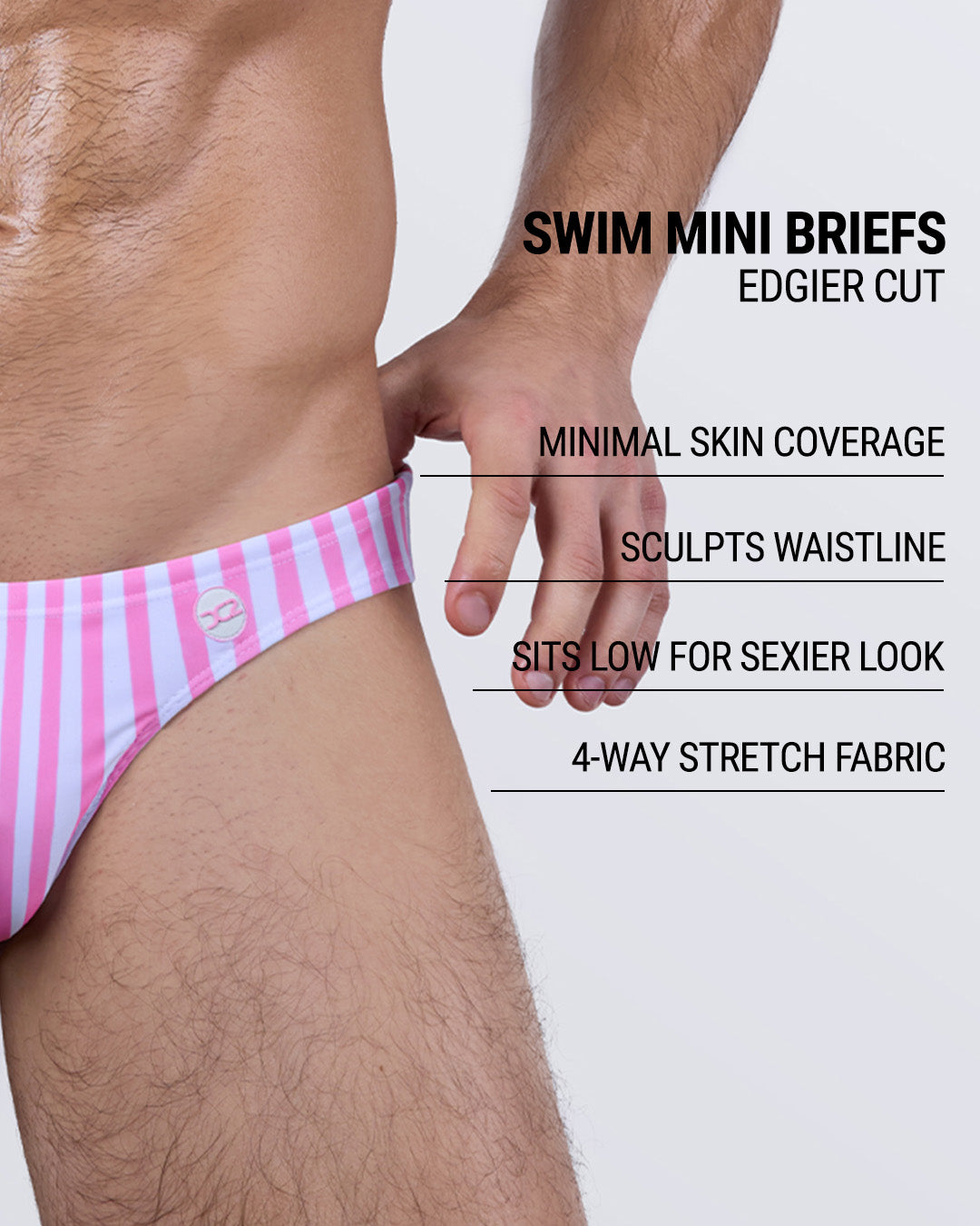 Infographic explaining the edgier cut of the Swim Mini Briefs. Features sculpt waistline, 4-way stretch fabric, sits low for sexier look, and has quick-dry material.