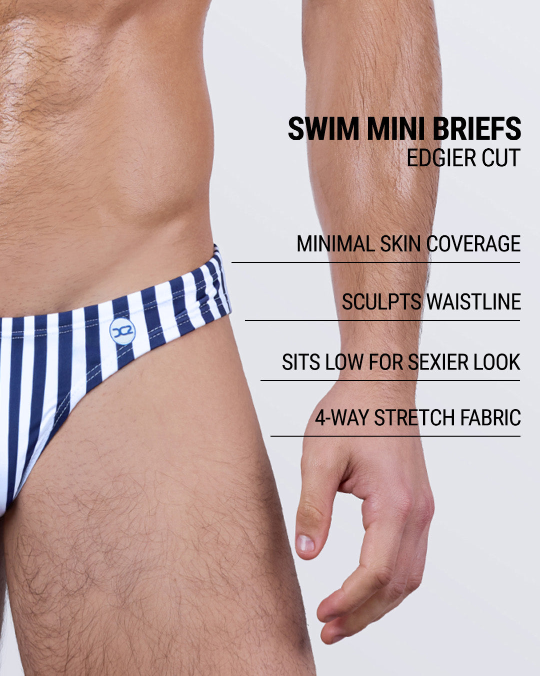 Infographic explaining the edgier cut of the Swim Mini Briefs. Features sculpt waistline, 4-way stretch fabric, sits low for sexier look, and has quick-dry material.