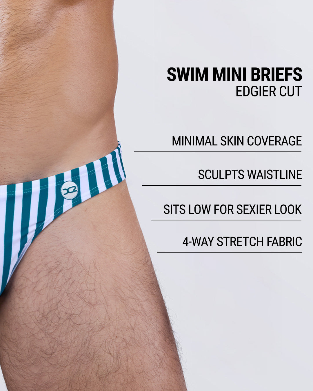 Infographic explaining the edgier cut of the Swim Mini Briefs. Features sculpt waistline, 4-way stretch fabric, sits low for sexier look, and has quick-dry material.