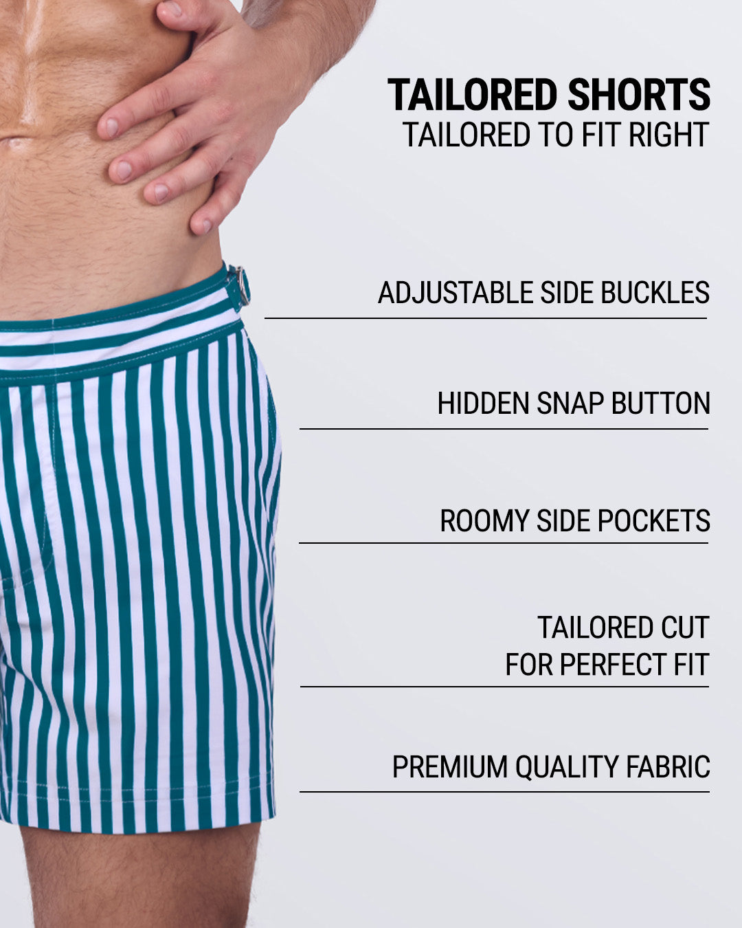 FAST LINES (PACIFIC GREEN) - Designer men's swimming shorts in a tailored cut with roomy side pockets, premium quick-dry fabric, and a hidden snap button. A must-have for modern men’s resort wear and high-end beach fashion.