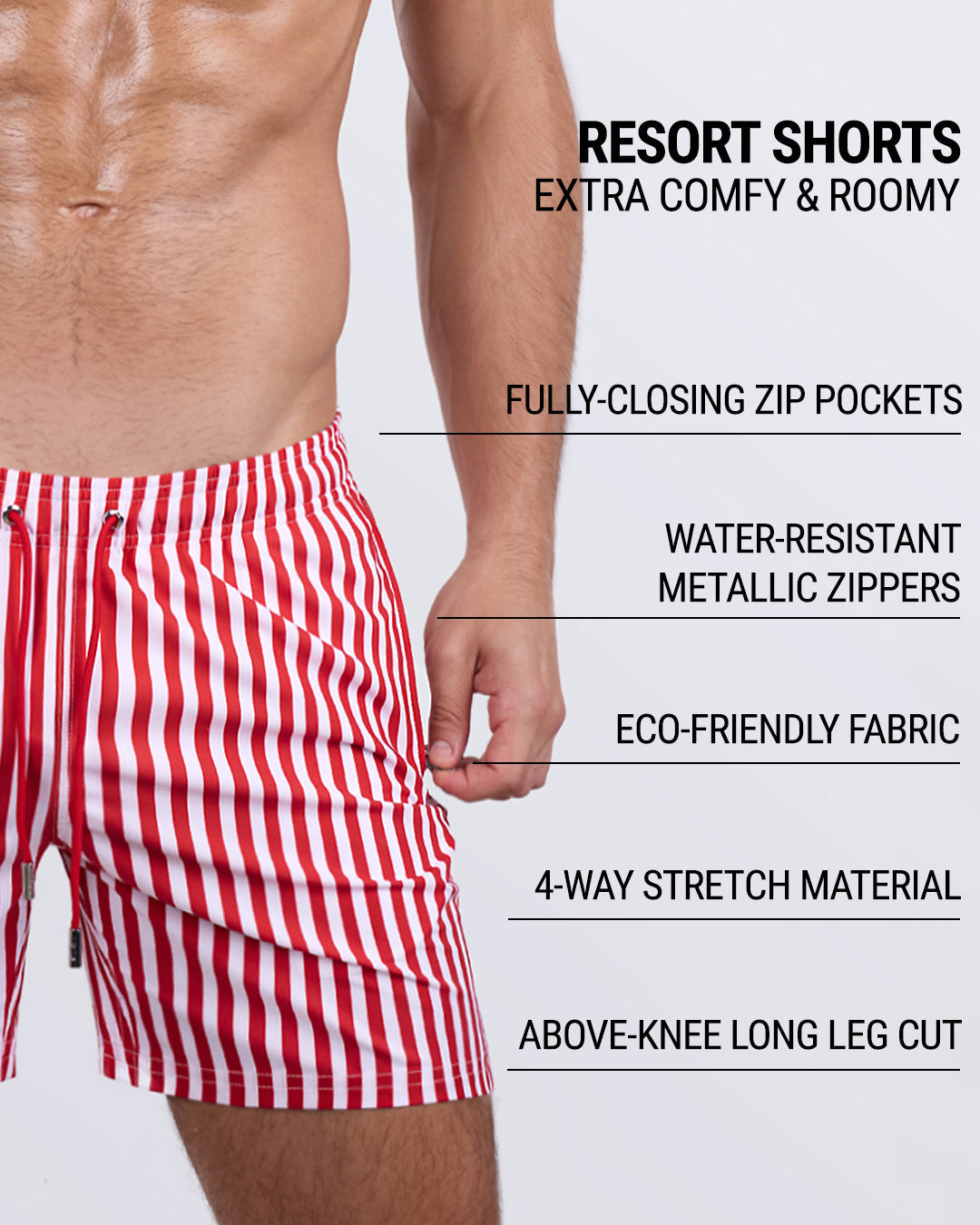 Detailed close-up of the FAST LINES (RAPID RED) Resort Shorts by DC2 Miami, highlighting key features: roomy, above-the-knee leg cut, elastic waistband with an adjustable drawstring, fully-closing zip pockets, water-repellent fabric, metallic water-resistant zippers, and premium four-way stretch material.