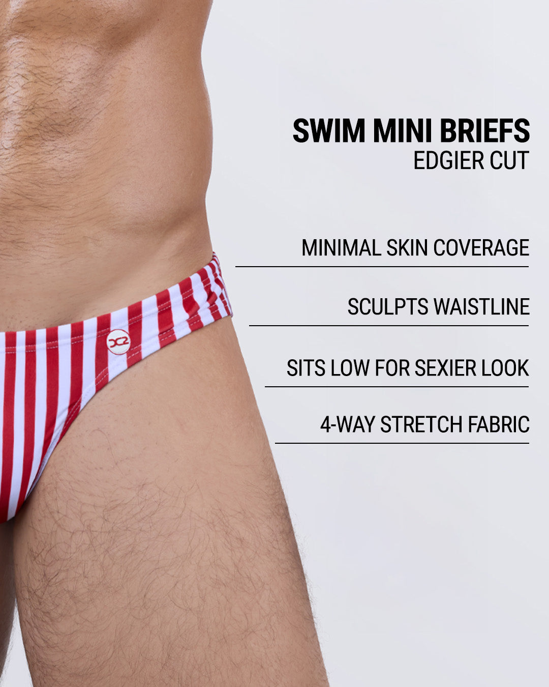 Infographic explaining the edgier cut of the Swim Mini Briefs. Features sculpt waistline, 4-way stretch fabric, sits low for sexier look, and has quick-dry material.