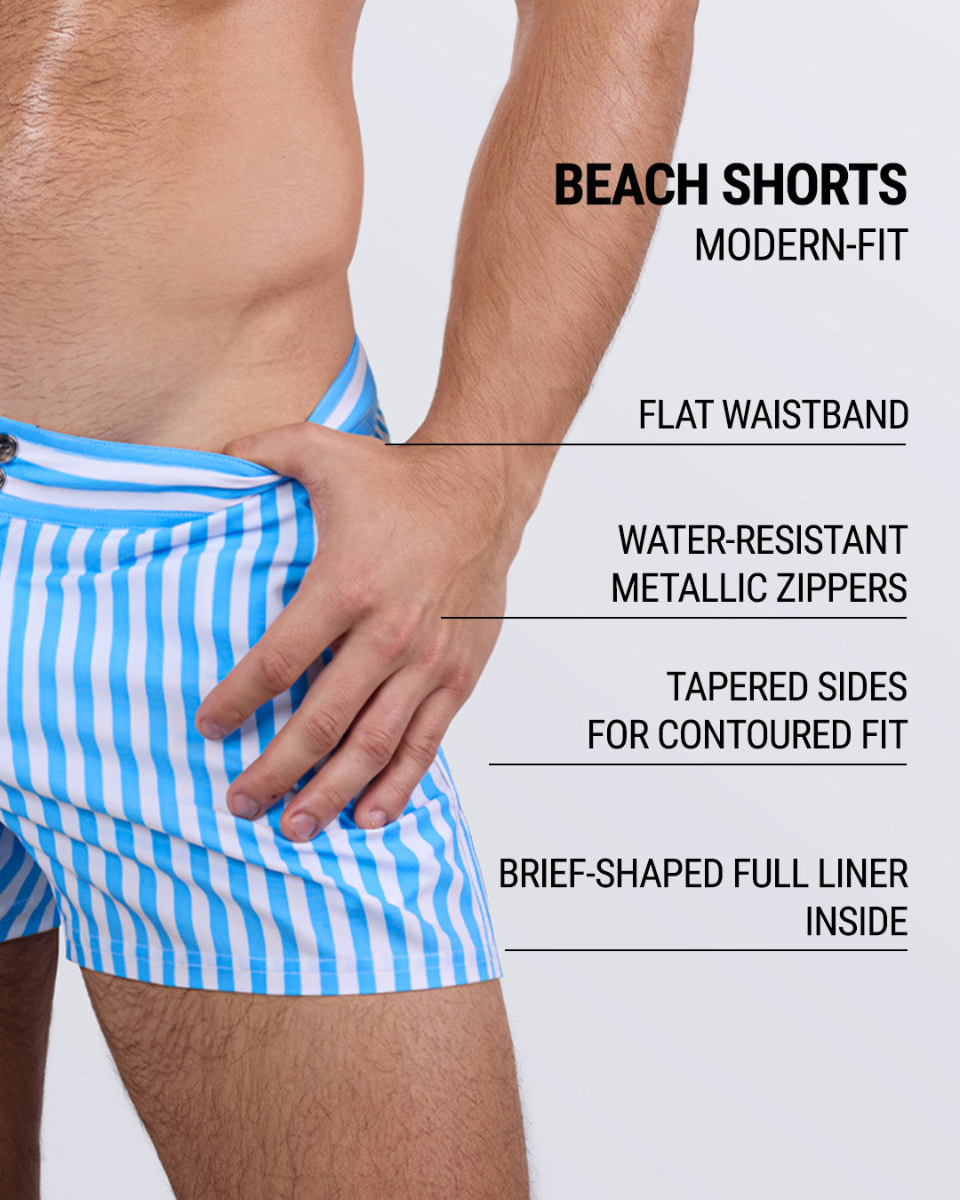 Detailed close-up of the FAST LINES (SKY BLUE) beach shorts by DC2 Miami, highlighting key features: modern-fit design, flat waistband, water-resistant metallic zippers, tapered sides for a contoured fit, and a brief-shaped full liner inside for added support and comfort.