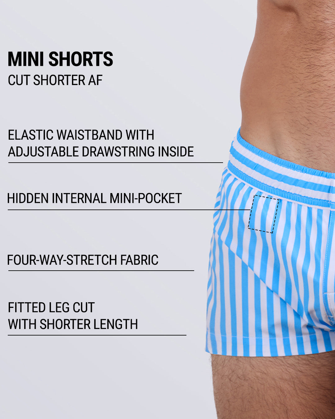 Detailed close-up of the FAST LINES (SKY BLUE) Mini Shorts by DC2 Miami, emphasizing key features: ultra-short fitted cut, elastic waistband with an internal adjustable drawstring, hidden internal mini-pocket, four-way stretch fabric, and a contoured leg design.