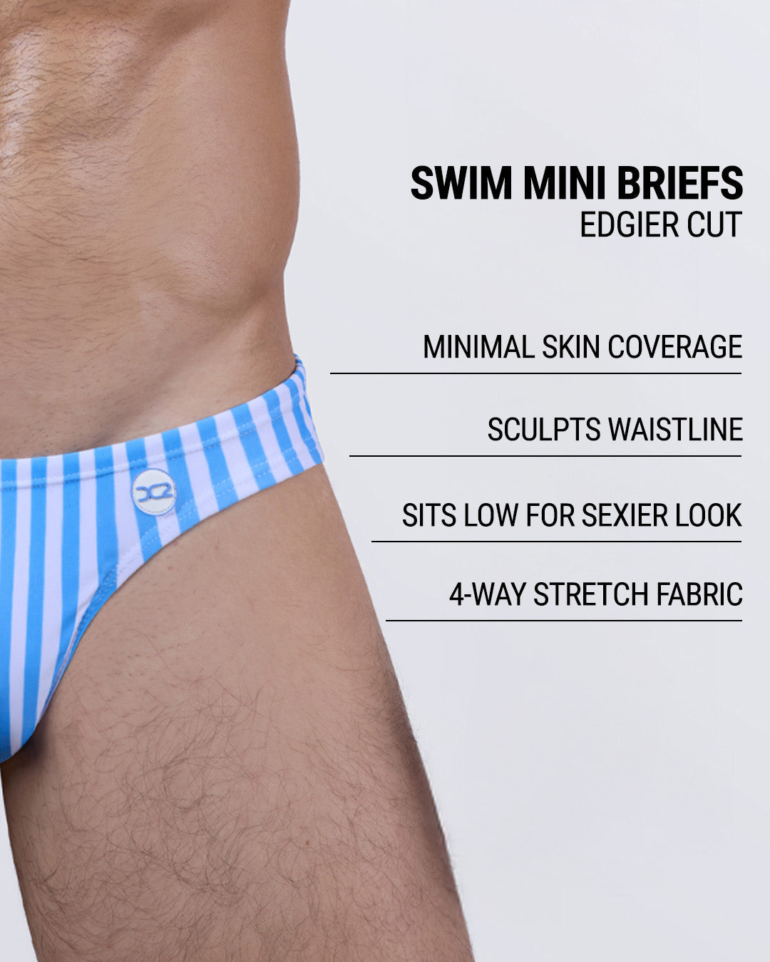 FAST LINES (SKY BLUE) swim mini briefs for men in a crisp white and blue vertical stripe design. Sleek, athletic men’s swimwear in a low-rise mini cut for a clean, modern take on classic beachwear.