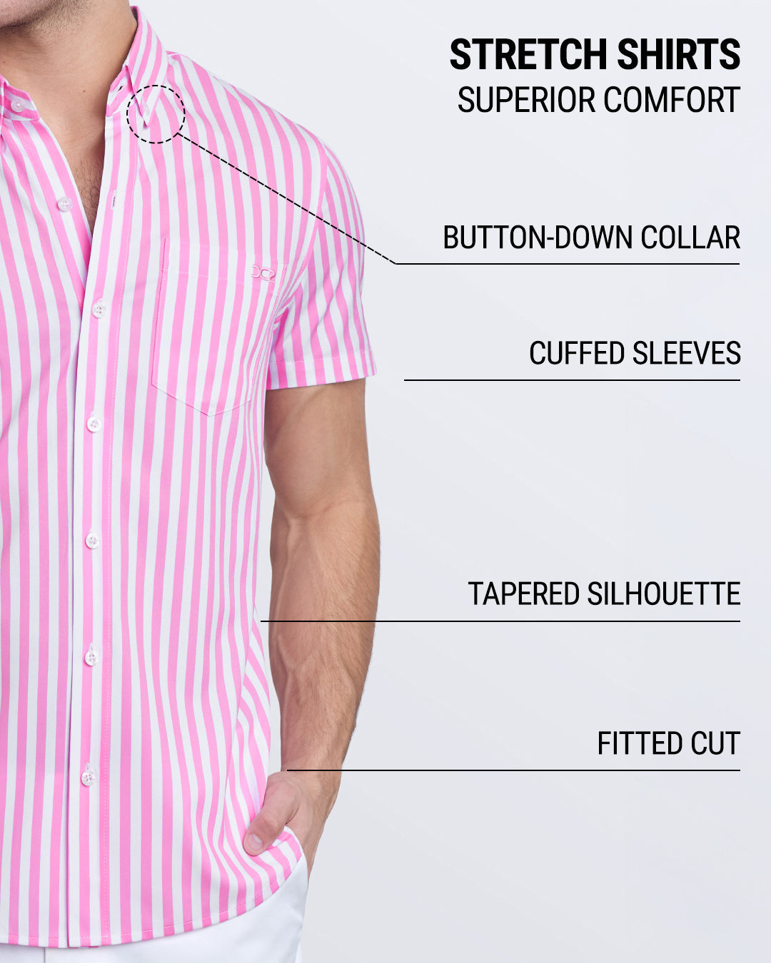 Chill Pink DC2 Stretch Shirt—highlighting cuffed sleeves, 4-way stretch, tapered silhouette, and comfort-focused fit.