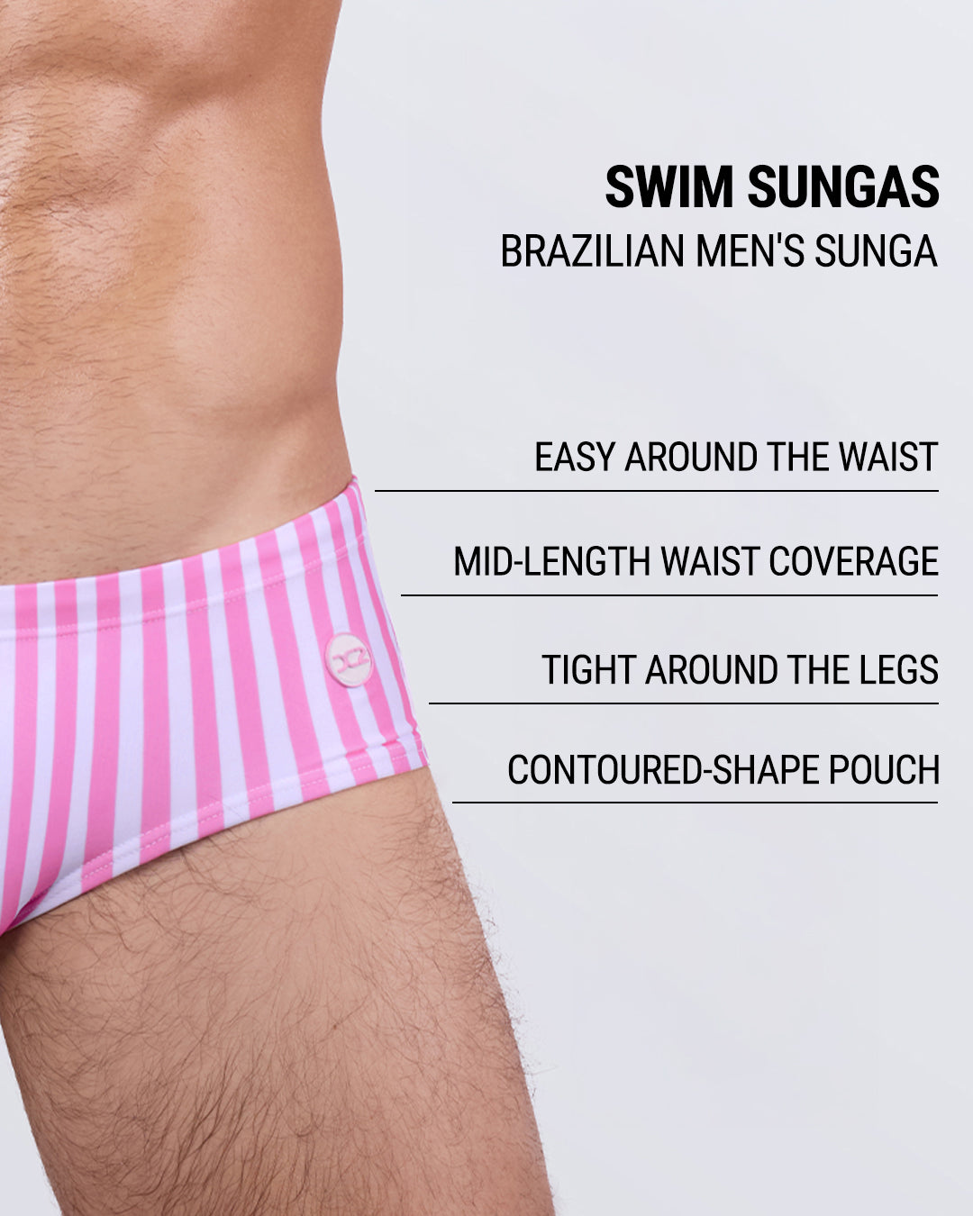 FAST LINES (CHILL PINK) Swim Sunga infographic – side view with graphic overlay. Highlights mid-waist coverage, tight leg fit, contoured front pouch, and flexible waistband for all-day comfort.