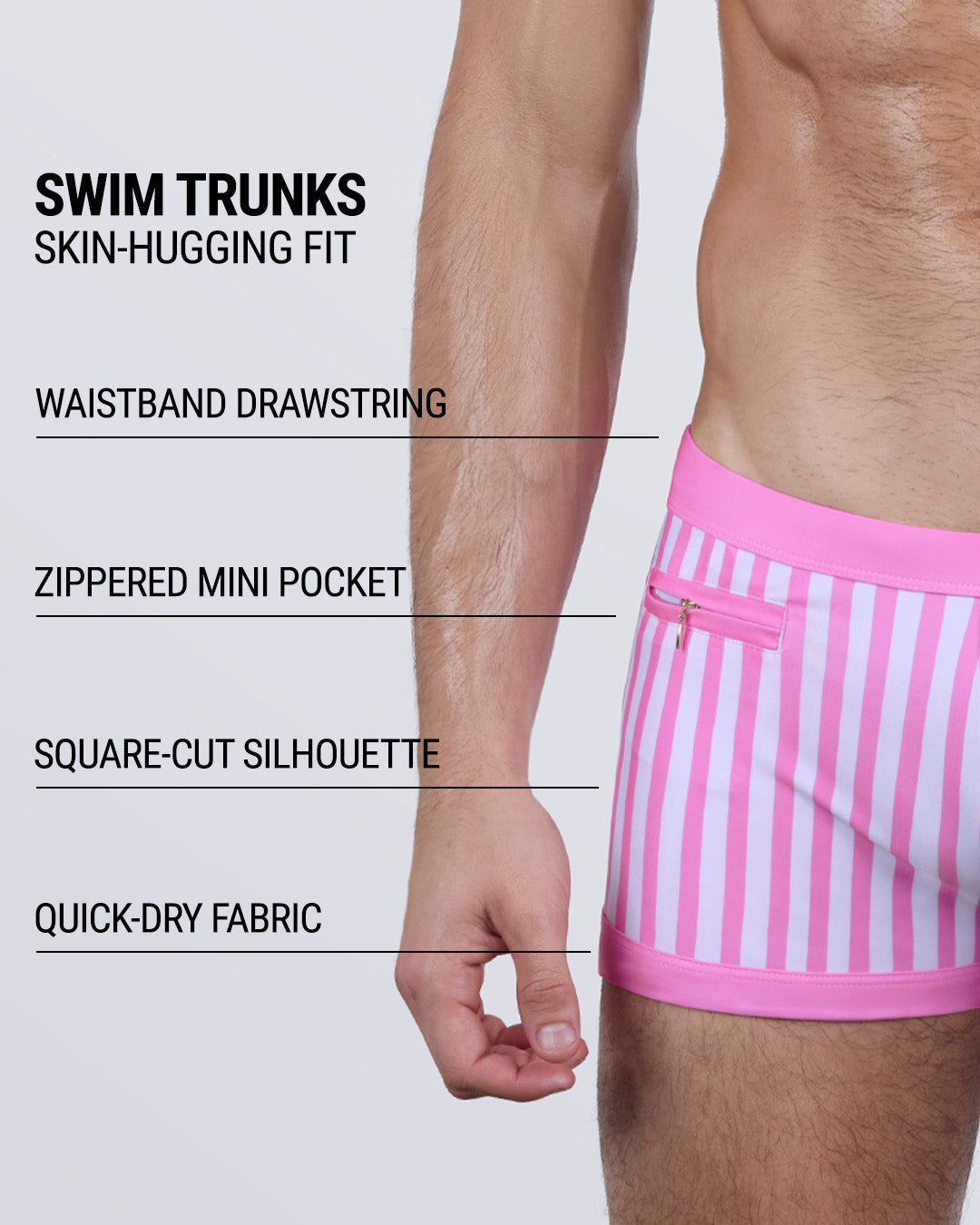 Product features highlighted on FAST LINES (CHILL PINK) swim trunks. Square-cut style with drawstring waistband, mini zip pocket, and quick-dry fabric for active summer days.
