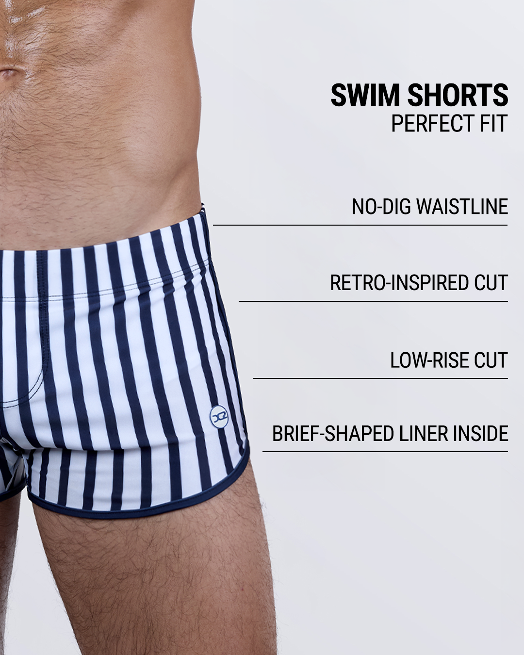 Feature breakdown of BANG! Swim Shorts – low-rise retro cut, brief-shaped inner liner, no-dig waistband for all-day comfort.