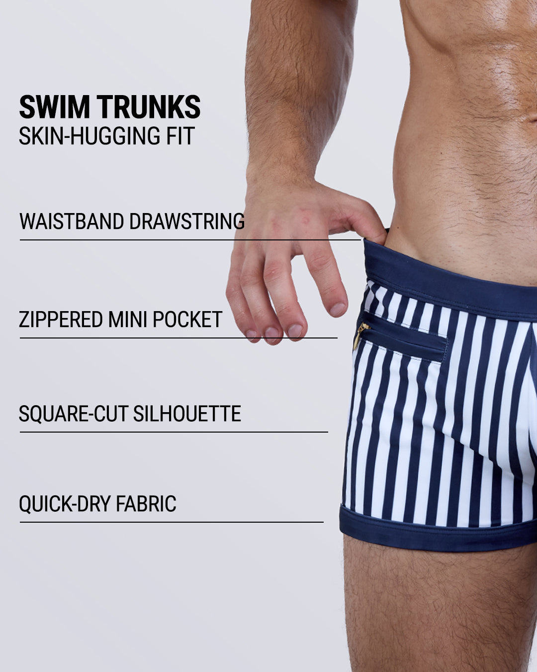 Infographic of FAST LINES (NAVY BLUE) square-cut swim trunks for men. Highlights include: skin-hugging fit, waistband drawstring, mini side zipper pocket, quick-dry fabric, and bold vertical stripe pattern.