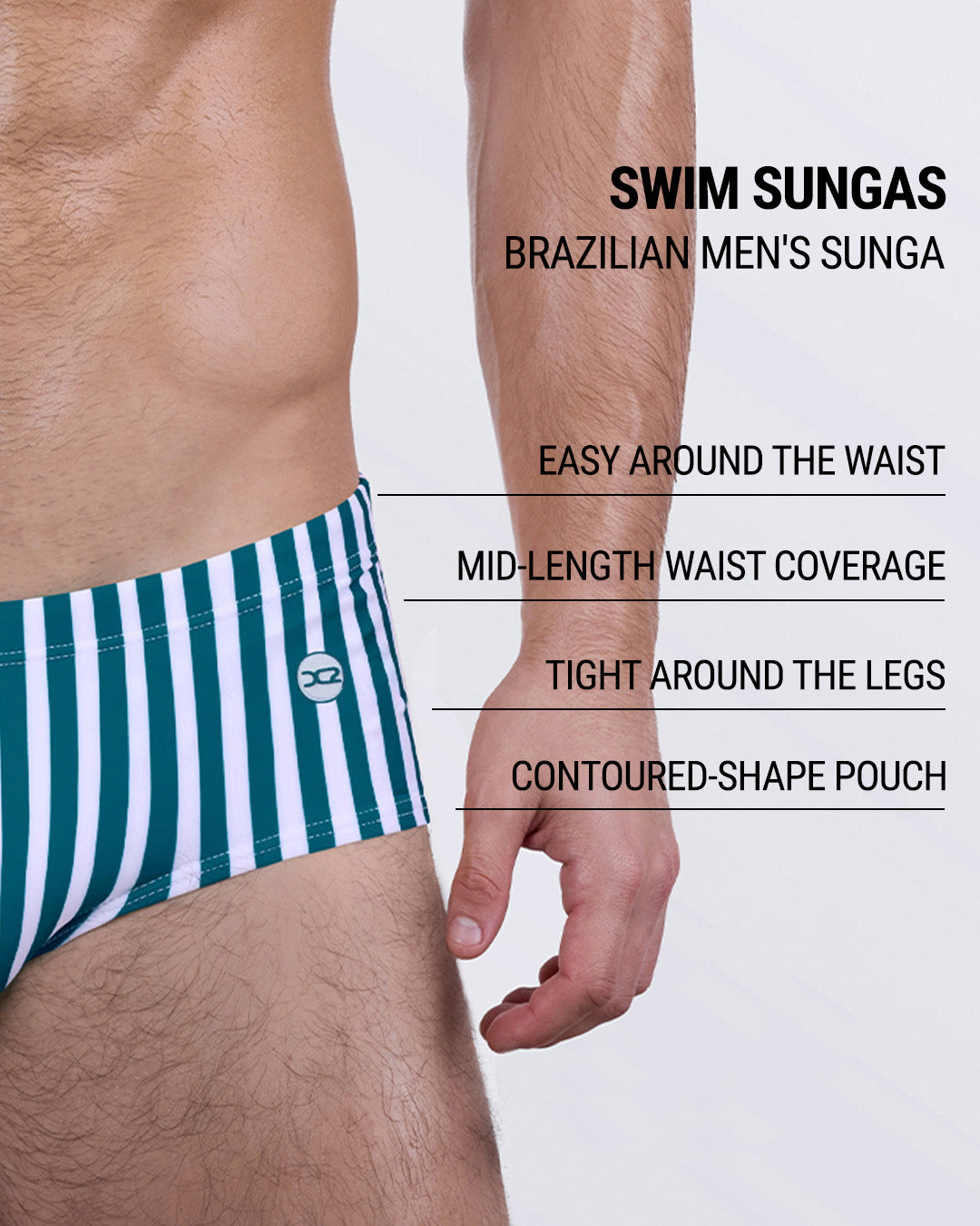 This Brazilian men’s swimsuit features a mid-rise fit, tight leg structure, and contoured front pouch for added comfort and support. Designed with a flat waistband for easy wear and streamlined coverage around the waist and hips.