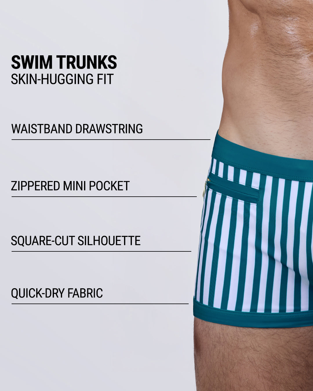 FAST LINES (PACIFIC GREEN) men’s square-cut swim trunks with built-in waistband drawstring, secure zip pocket, quick-dry stretch fabric, and skin-hugging fit—designed for confident movement and bold striped style at the beach or pool.