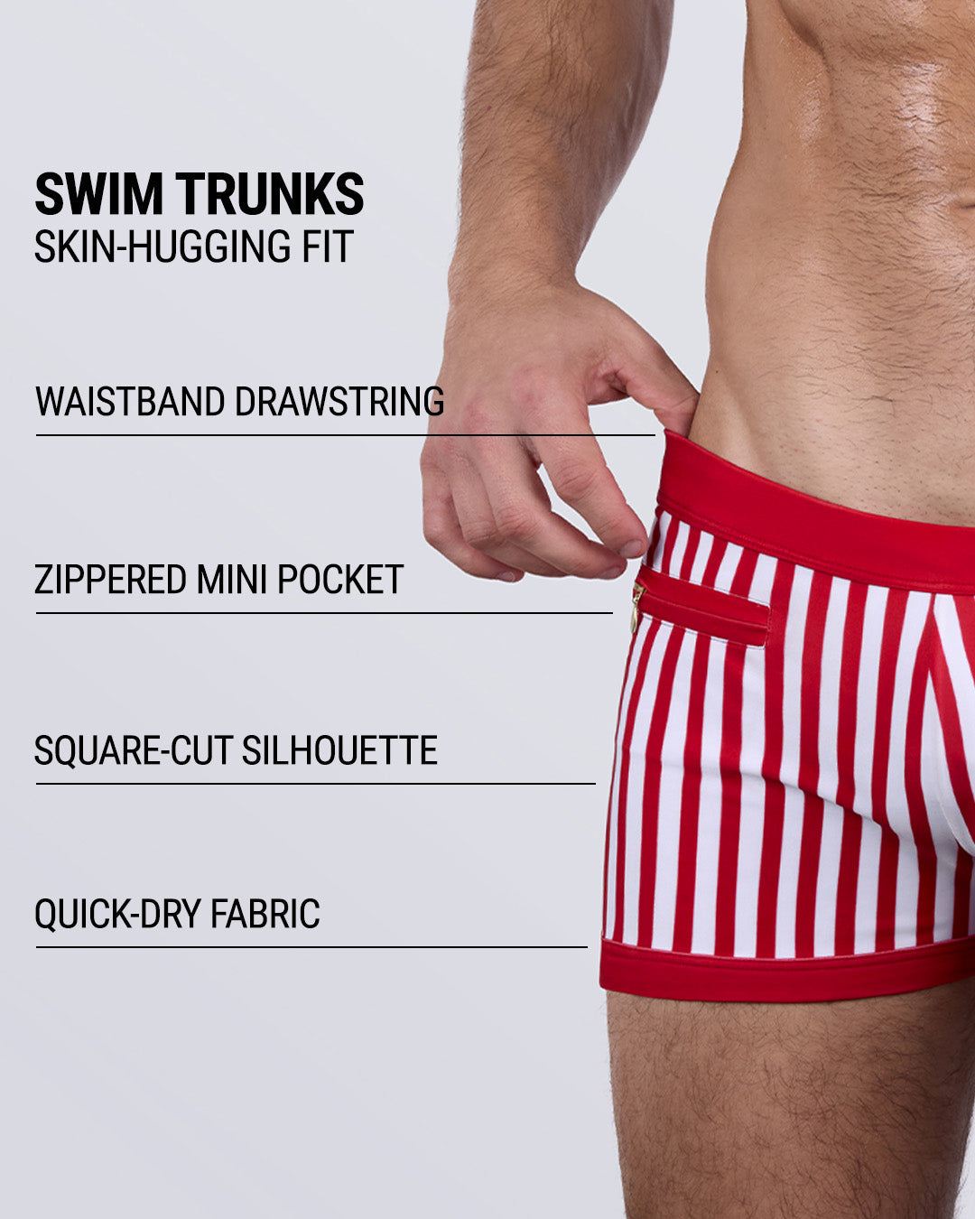 Infographic image describing FAST LINES (RAPID RED) swim trunks: square-cut fit, drawstring waistband, mini zipper pocket, and fast-drying stretch fabric for an athletic look.