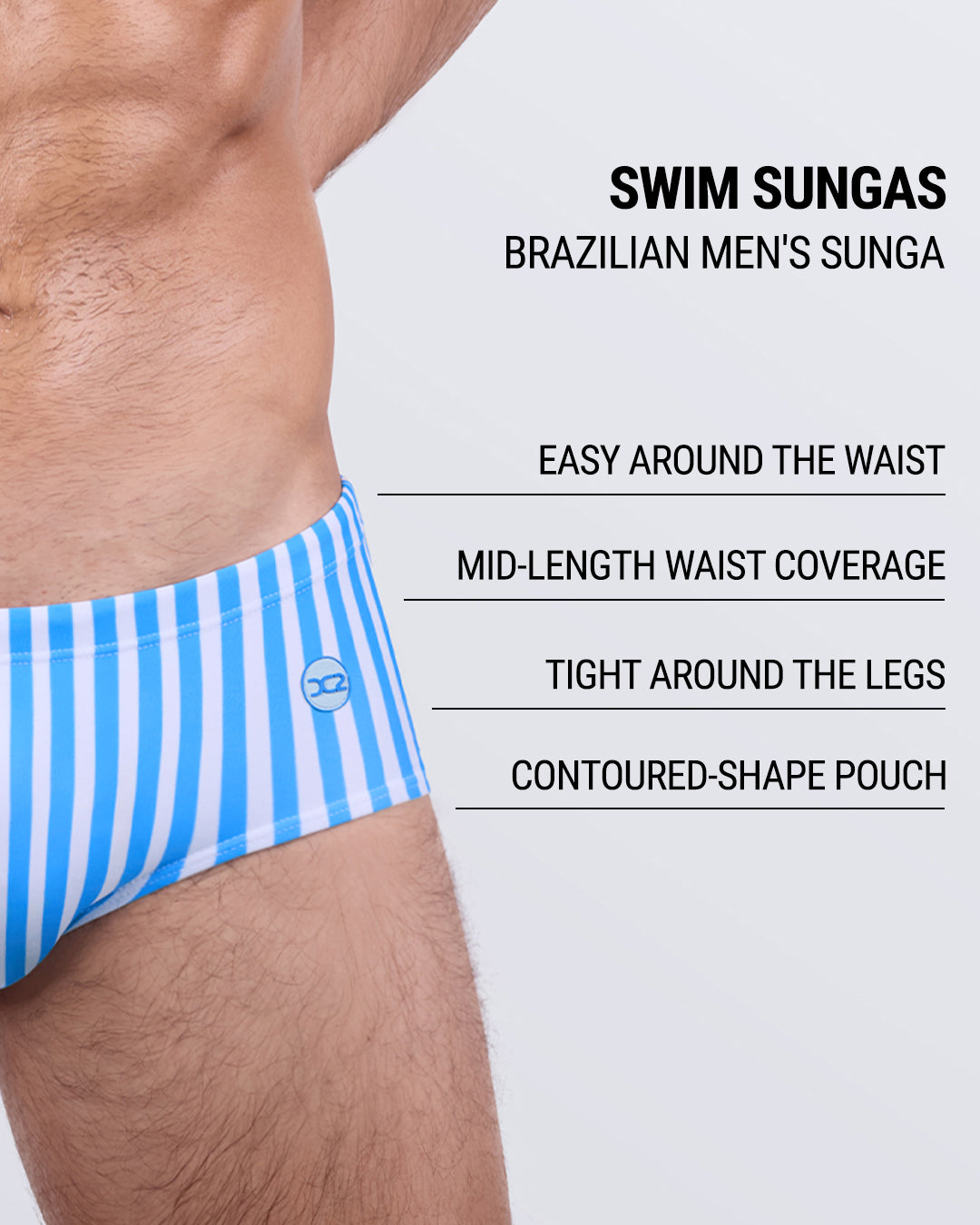 This swim sunga includes a contoured-shape front pouch, tight fit around the legs, mid-length waist coverage, and a waistband that sits comfortably without digging in—crafted for both movement and shape retention.