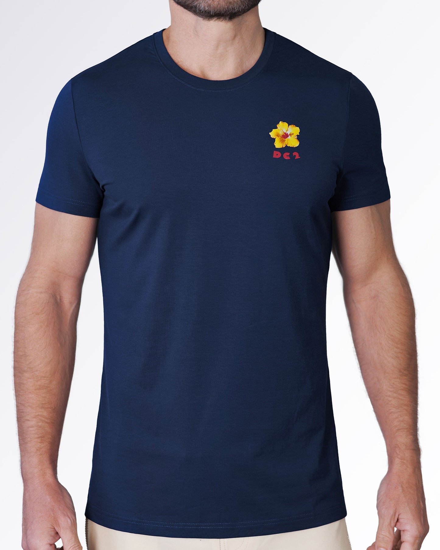 Front view of the Flower Powers (Blue) Graphic T-Shirt showcasing a navy short-sleeve design with a bold floral chest graphic for everyday resort style.