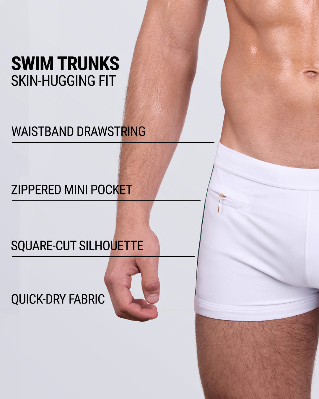 Product details graphic of FORZA WHITE Swim Trunks — features quick-dry fabric, zip pocket, and drawstring.