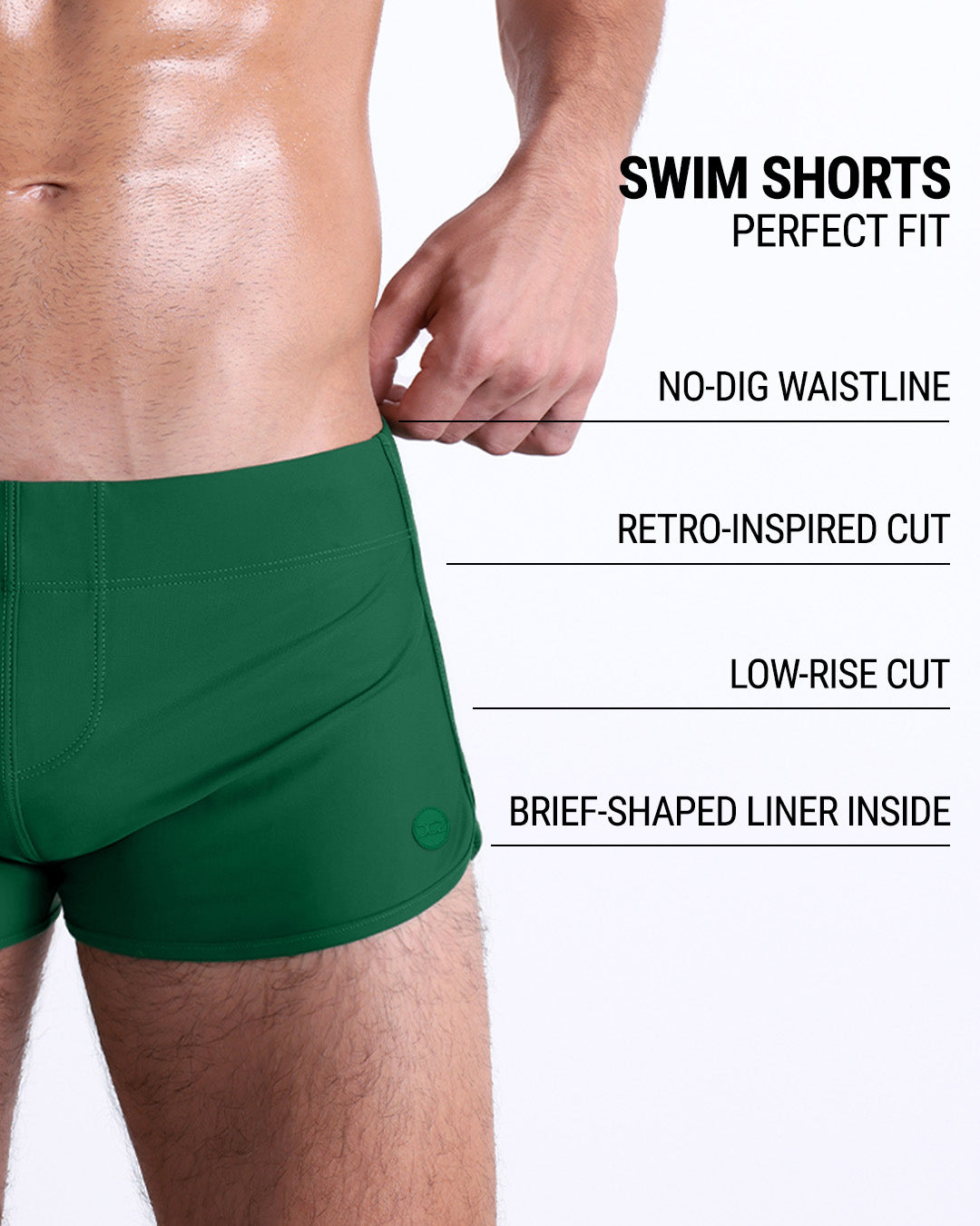 Product details graphic of GREEN RUSH Swim Shorts — showcasing perfect-fit tailoring, no-dig waistband, low-rise cut, and brief-shaped inner liner.