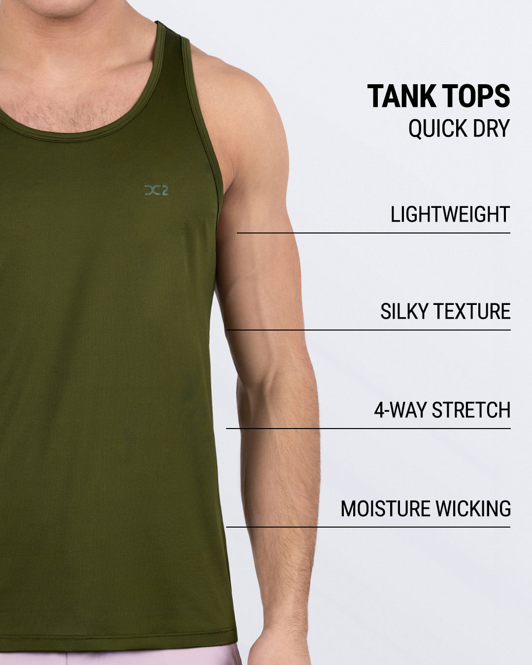 Detailed shot of the DC2 Greenspiration men's tank top fabric with quick-dry, lightweight features designed for performance, featuring a silky texture and 4-way stretch for maximum comfort during workouts and fitness activities.