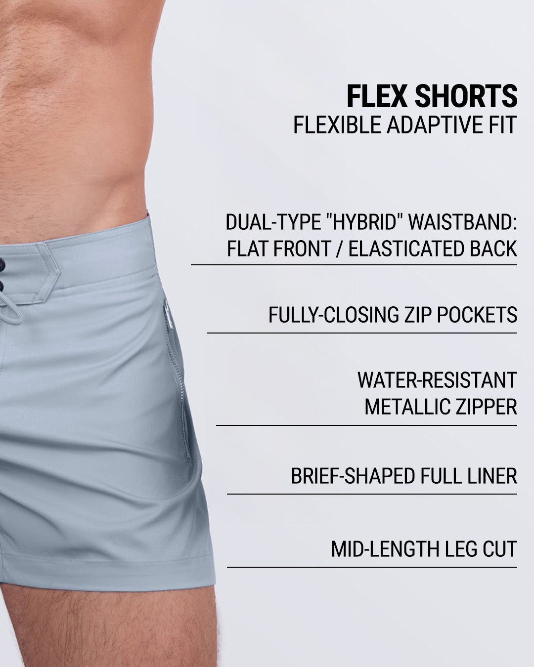 Close-up image emphasizing key features: dual-type hybrid waistband with a flat front and elasticated back, fully-closing zip pockets, water-resistant metallic zipper, brief-shaped full liner, and a mid-length leg cut.