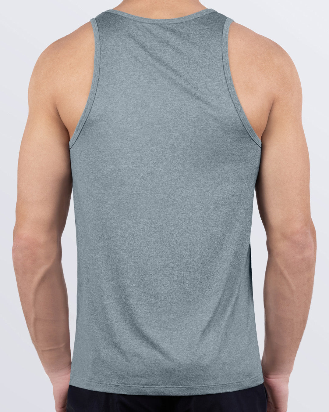 Back view of DC2 Grey Matters athletic tank top in heather gray, featuring racerback cut and smooth, breathable performance fabric for maximum mobility.